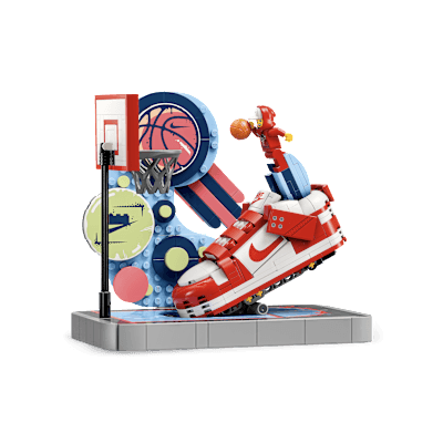 Nike Dunk Trickshot x LEGO collaborative set in red and white with exclusive minifigure, price as marked at $40