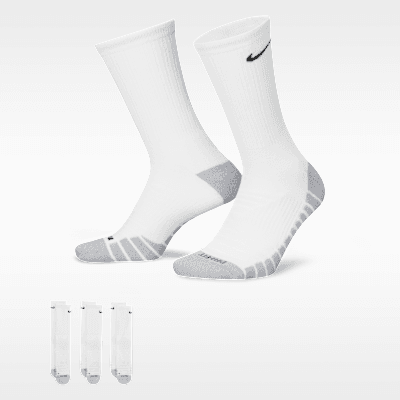 Nike Everyday Max Cushioned Training Crew Socks three-pair pack in White, Wolf Grey, and Black colorways