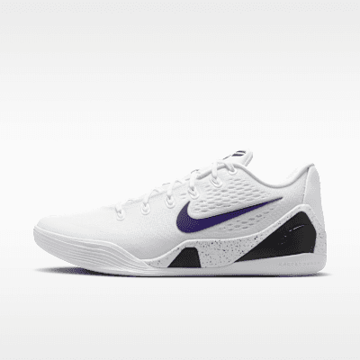 Nike Kobe IX Elite Low EM Protro in White/White/Court Purple colorway showing mesh upper construction and court-ready silhouette