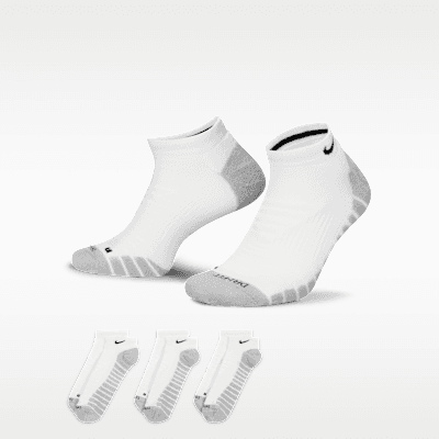 Nike Everyday Max Cushioned Training No-Show Socks in White, Wolf Grey, and Black colorways—three-pack bundle